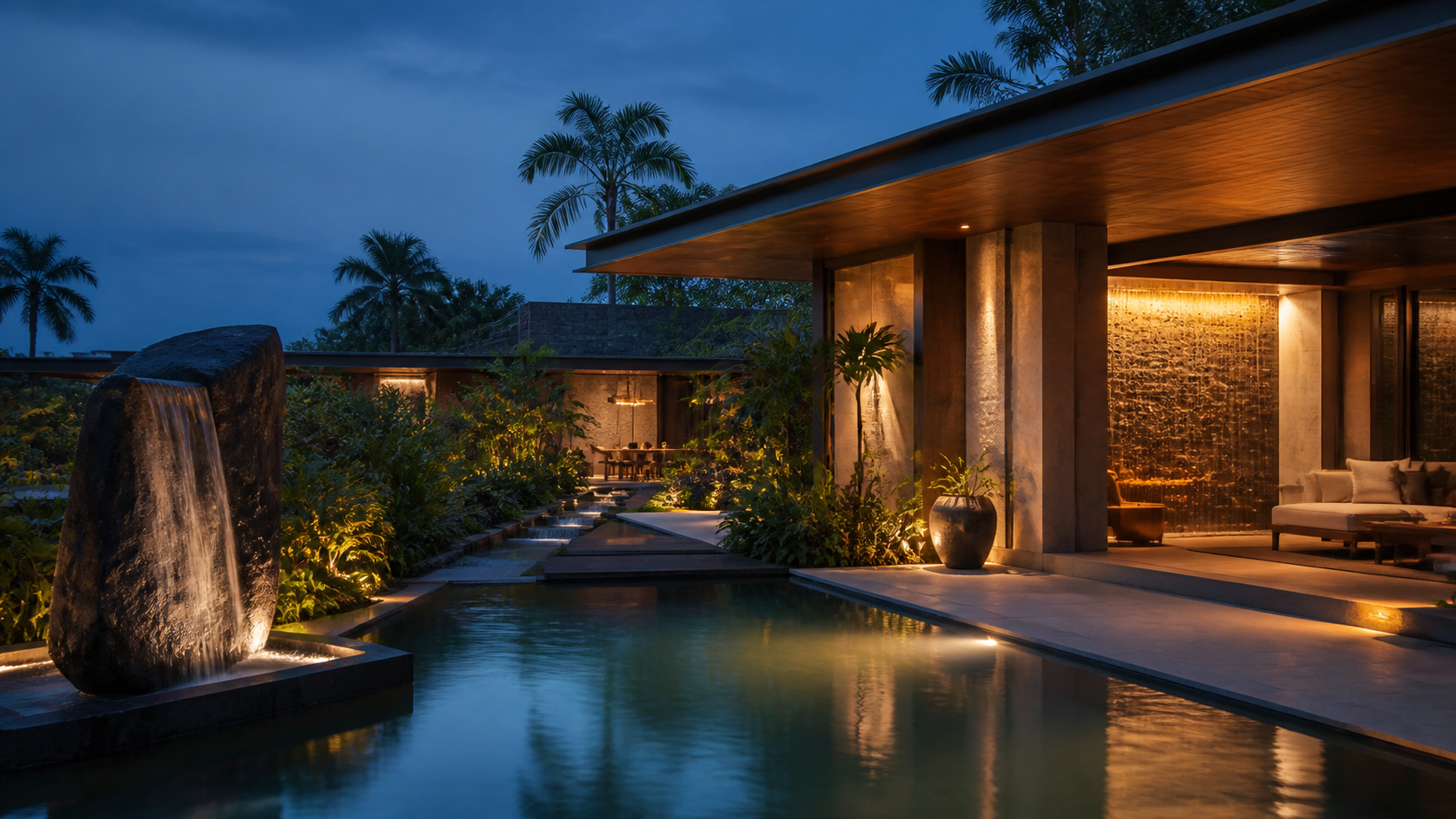 Architectural water feature integrated with an interior environment