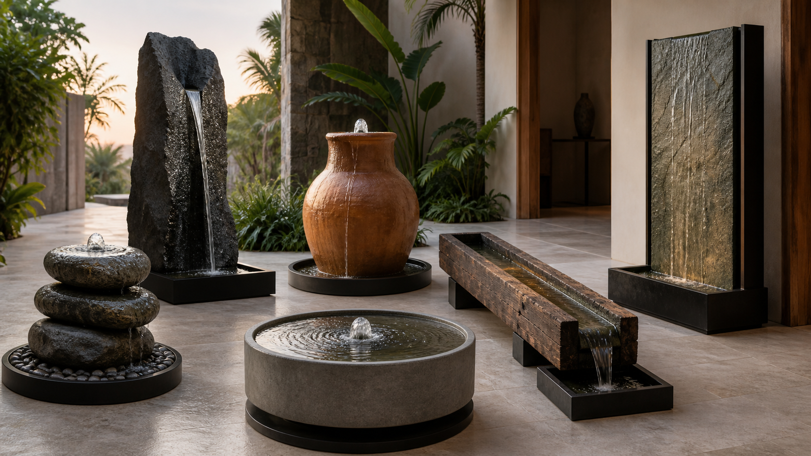 Natural stone, river rock, terracotta, reclaimed timber and architectural Water Object concepts