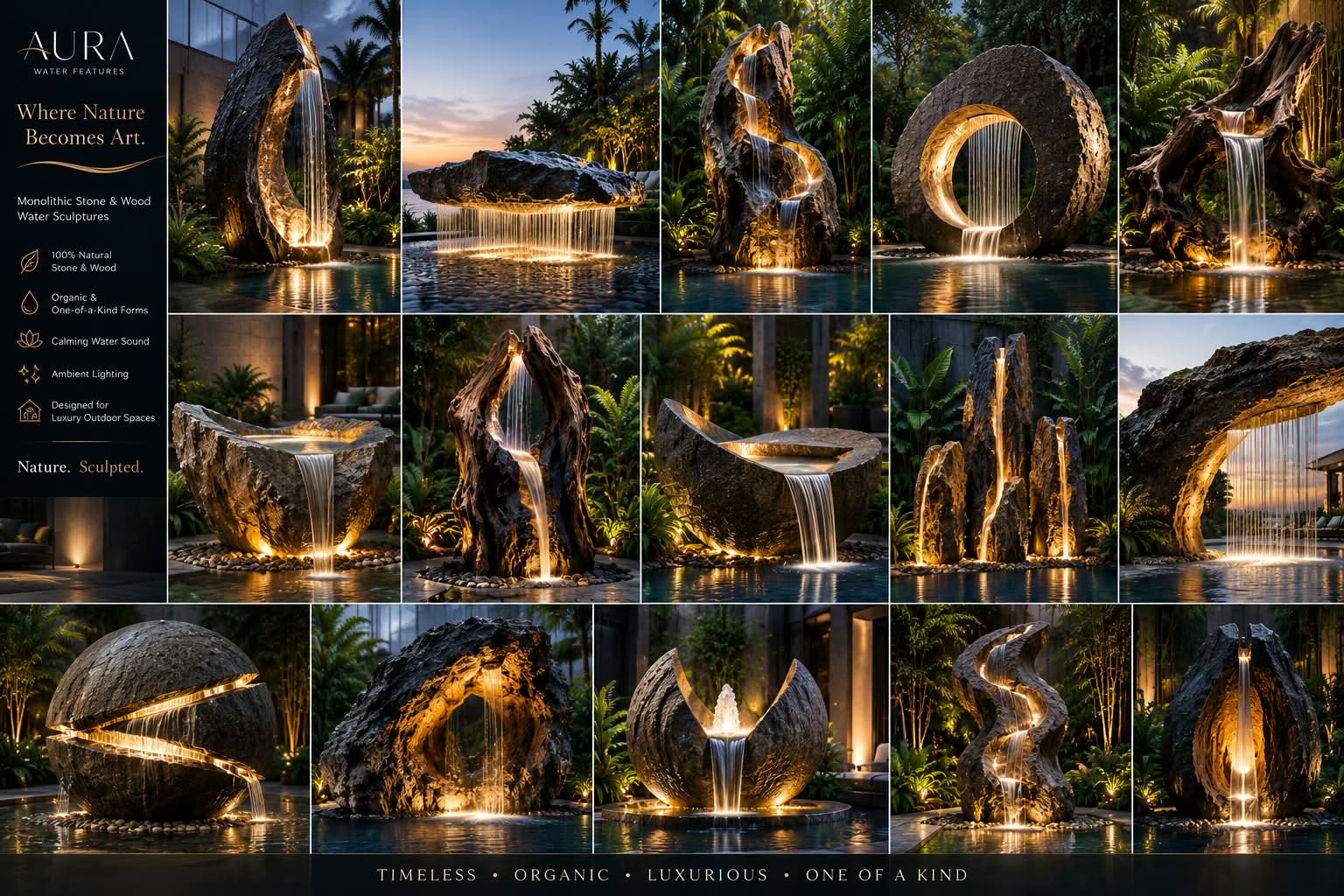 Raw wood water feature collection