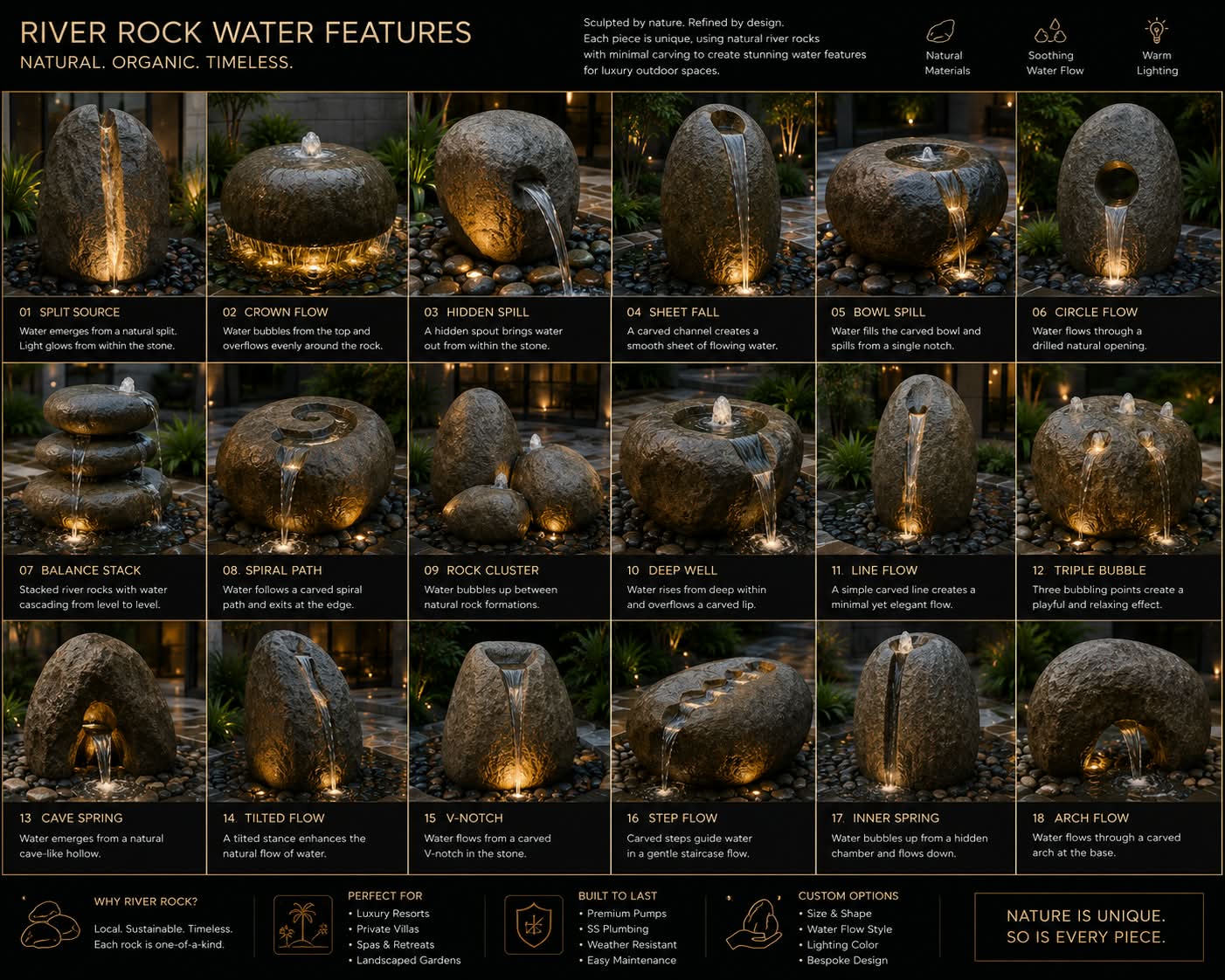 Mixed natural-material water feature concept collection