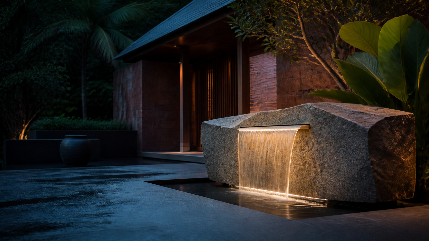 Natural stone water object integrated into tropical landscaping